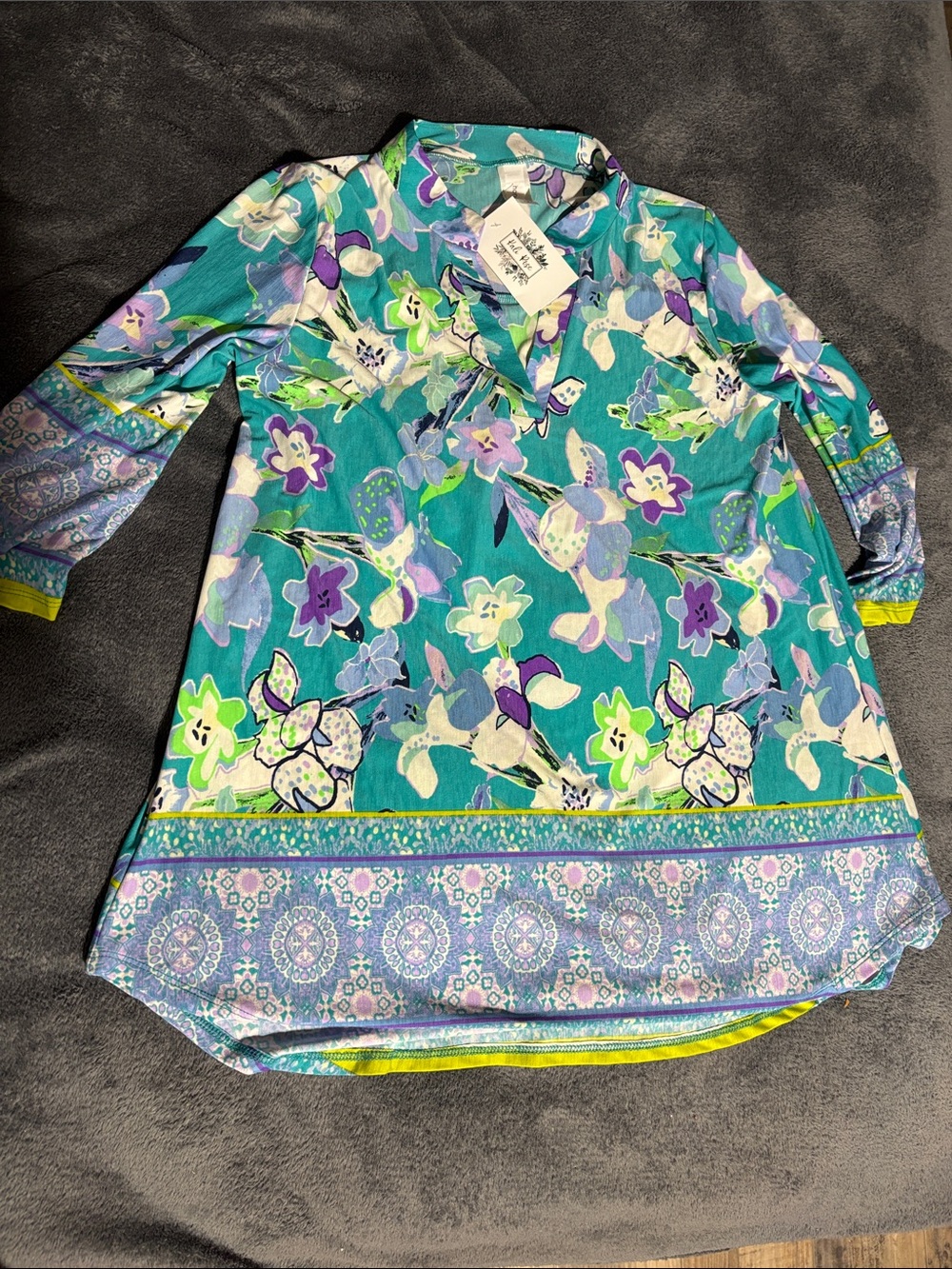 Honeyme Teal Floral Print Tunic Blouse with Purple & Lime Accents